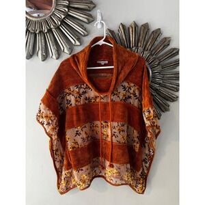 Adore Women Burnt Orange Corduroy Floral Mesh Cowl Neck Poncho Top Small Boho